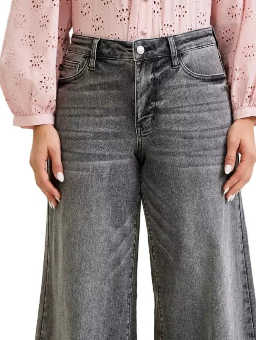 Judy Blue Mid-Rise Waist Palazzo Ultra Wide Leg Split Yoke Denim Jeans Pants - Picture 4 of 15